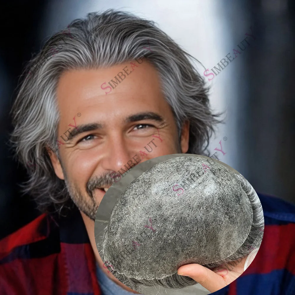 

Super Durable Natural Scalloped Hairline Microskin Toupee Grey 1B50 1B80 Human Hair Old Gentlemen Man Hairpieces Thin Skin Prost