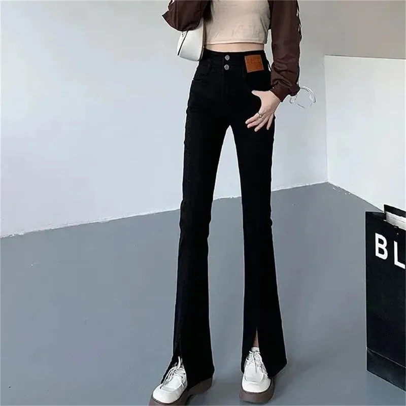 Black Flared Jeans For Women's Spring And Autumn 2025 New High-Waisted Slim Stretch Split Trouser Floor Flared Pants Fashion LA4