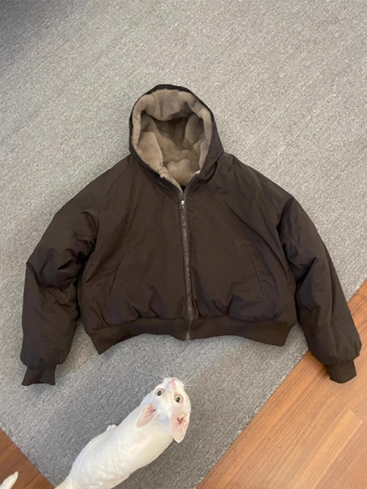 

Korean Sle ort Plu Lined Fur Collar Women's Jaet Winter Thi Warm High End Feeling Commute Sle Loose Fit Zipper Cl...