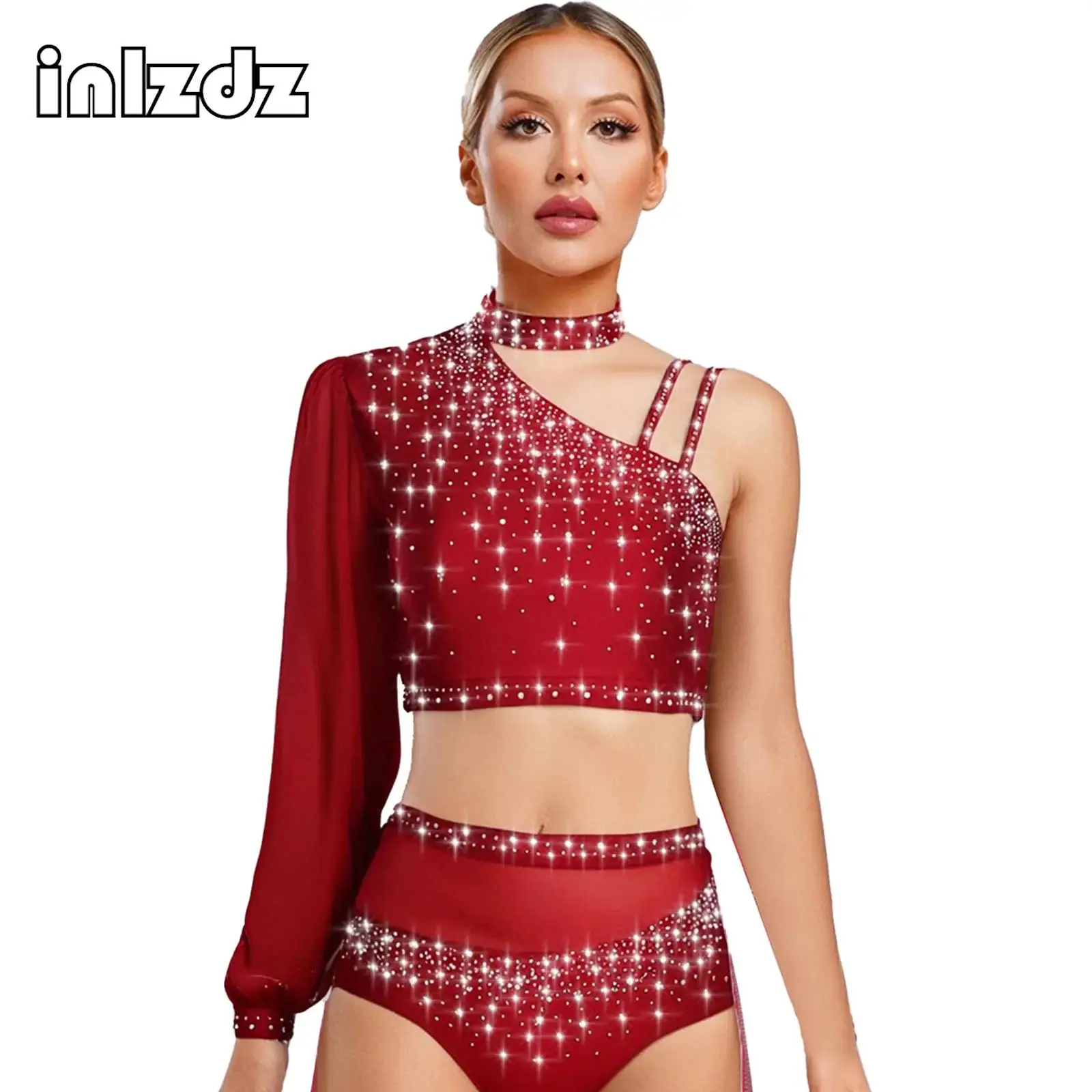 

Womens Contemporary Lyrical Dance Crop Top Asymmetrical Sheer Mesh Long Sleeve Shiny Rhinestone Stage Performances Costume