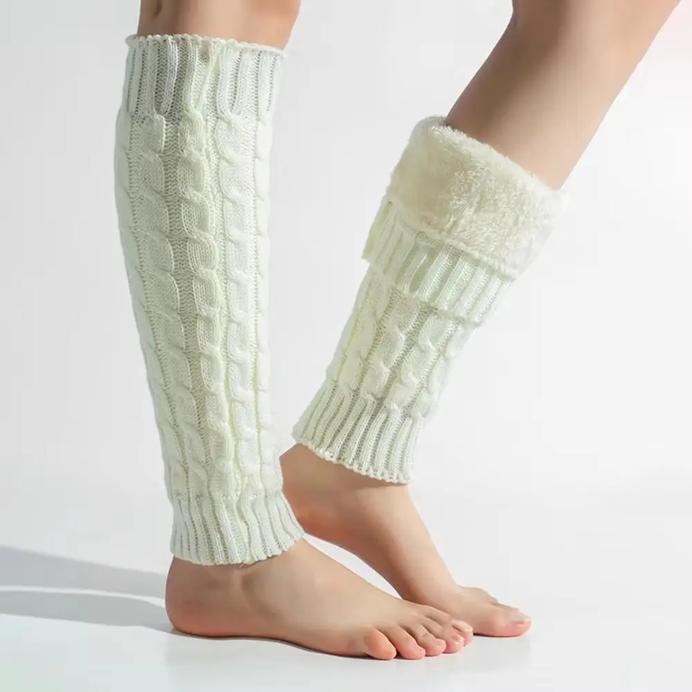 

Twist Pattern Knitting Leg Warmers Double-Layered Fleece-Lined Women Leg Warmers Thicken Warm Solid Color Foot Covers