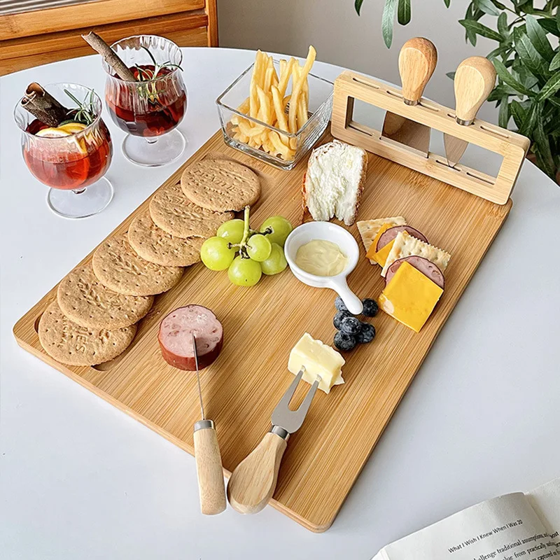 

Bamboo Cheese Board Set with 4 Pieces Cheese Knives Bread Dessert Container Dish Wooden Charcuterie Platter Serving Tray