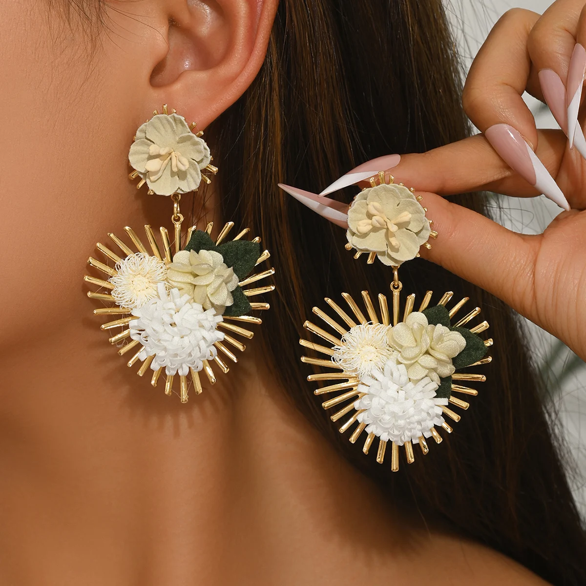 Bohemian-style vacation-inspired colorful handmade fabric flower earrings, perfect for women to wear on any occasion—whether it’