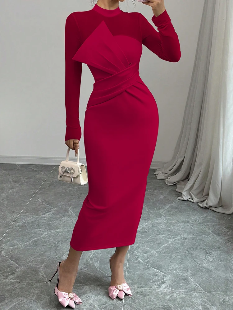 Autumn Women's Dresses Streetwear Fashion Long Sleeve Half turtleneck Maxi Dress Solid Sexy See Through Bodycon Dresses Clothing