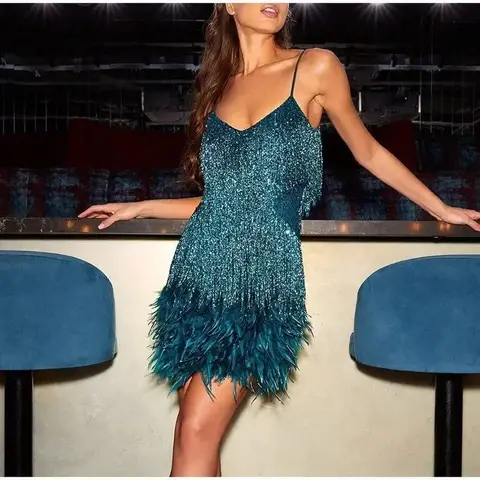 2024 Fashionable Multi-Color Fringed Sequins Tank Top Sexy V-Neck Gown Dress For Birthday Party With Feather Splice Design