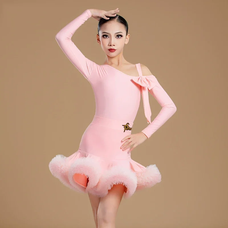 

Pink Long Sleeved Latin Dance Performance Dress Girls Salsa Latin Dance Competition Costume Child Performance Dresses SL11569