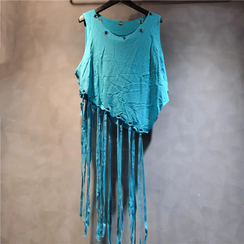 Chic Summer Women Irregular Tassels Sleeveless High Waist Vest T-shirt Loose Fringed Tees Metal Ring Camis Tank Crop Tops 2025