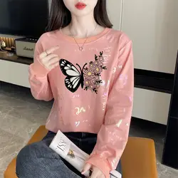 Spring Autumn O-Neck Women's Clothing Pullover Lantern Long Sleeve Letter Geometric Flower Printing Casual Loose Hoodies Tops