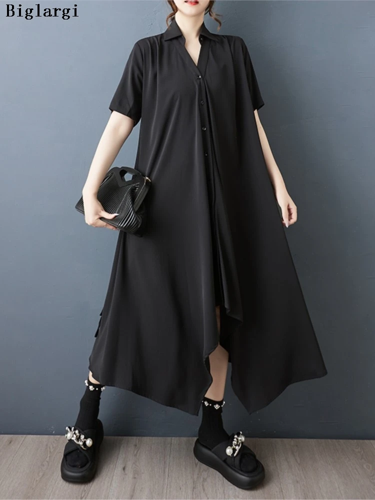 

Oversized Summer V-Neck Dress Women Irregular Pleated Fashion Casual Loose Ladies Dresses A-Line Woman Long Dress