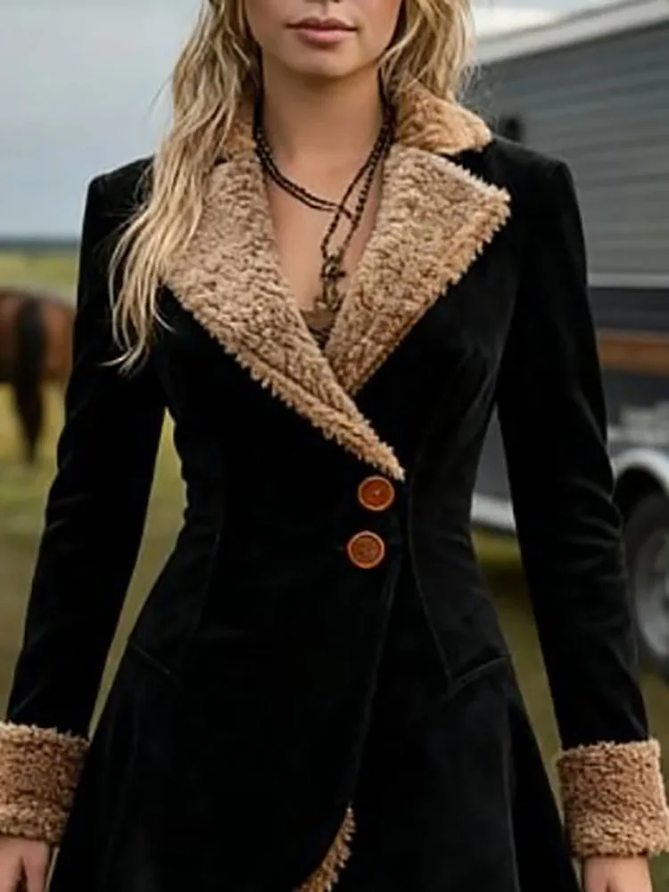 

Vintage Solid Color Single Breasted Winter Jackets Casual Warm Slim Fit Women's Coat 2025 Suede Patchwork Long Sleeved Outerwear