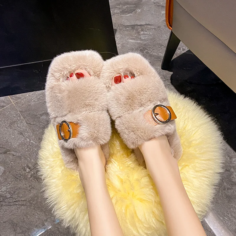 2023 New Autumn and winter fashion cross fluffy slippers women's indoor and outdoor one word flat cotton slippers ASG201