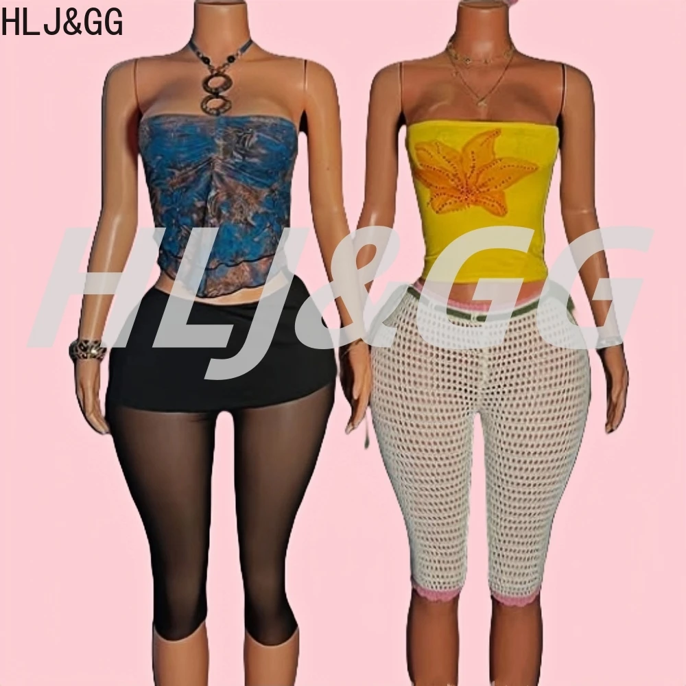 

HLJ&GG Sexy Retro Print Halter Ruffle Two Piece Sets Women Sleeveless Backless Crop Top And Mesh Pants Outfits Y2K Streetwear