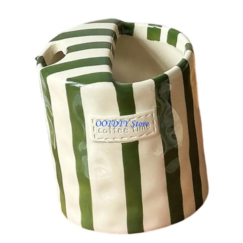 367A Ceramic Mug Striped Design Handheld Cup with Sip Top Lid For Milk Juice Coffee