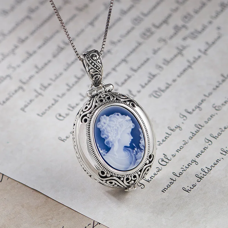 TZgrams Real 925 Sterling Silver Gawu Box Cameo Pendant Openable Blue Agate White Shell Necklace for Women Fashionable Jewelry