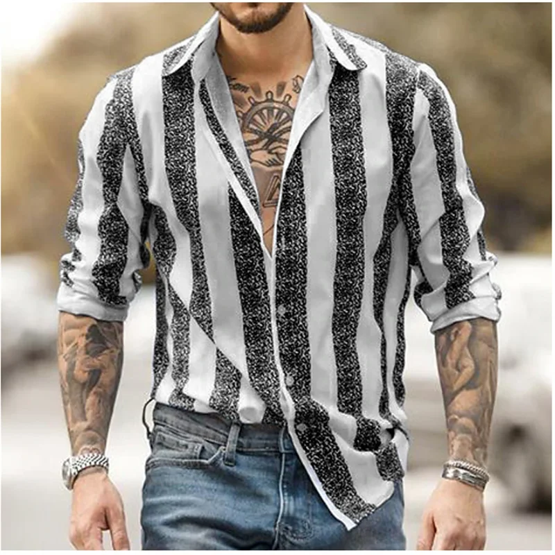 Camisa con botones para hombre, camisa de manga larga a rayas con solapa, color negro, rosa y azul, ropa informal y cómoda para el día a día, moda