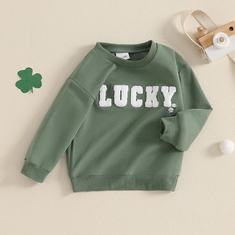 Infant Unisex Hoodies Lucky Shamrock Embroidered Sweaters Round Neck Long Sleeve Loose Fit Jumpers for Toddlers