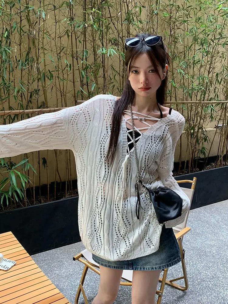 Hollow Out Bandage Knit Shirt Sweet Y2k Pullover Women Harajuku Spring Summer Thin Sweater Soft Loose Long Sleeve Tops White New