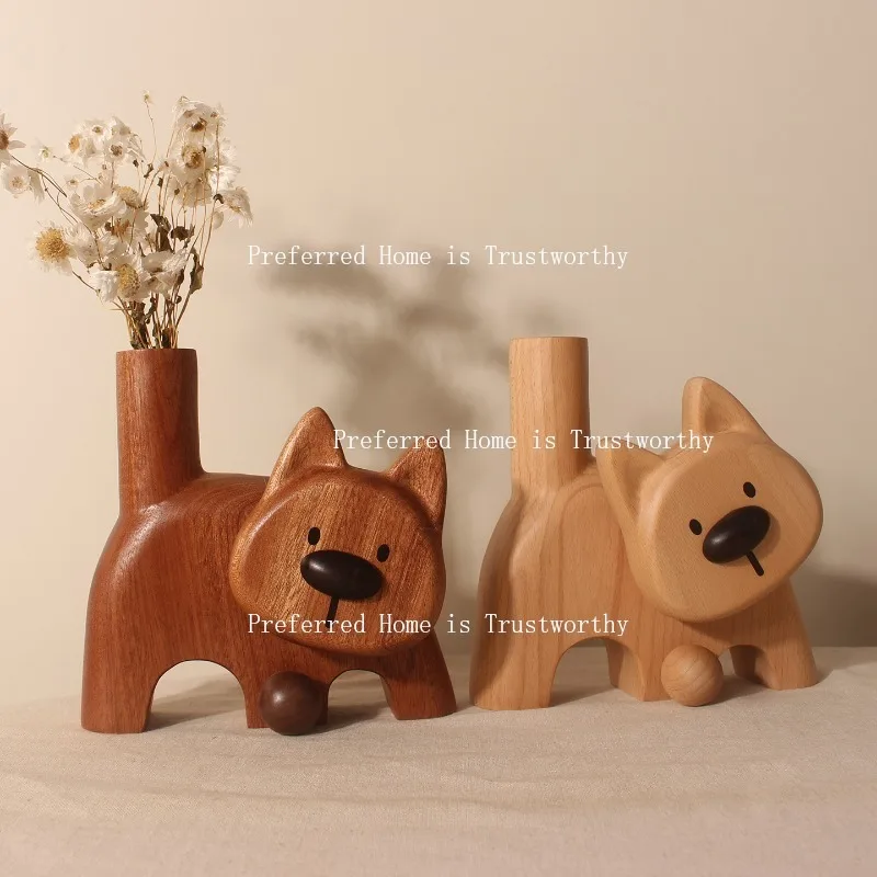 Creative Dog Solid Wood Flower Vase with Fresh Flowers, Wooden Dog Ornament