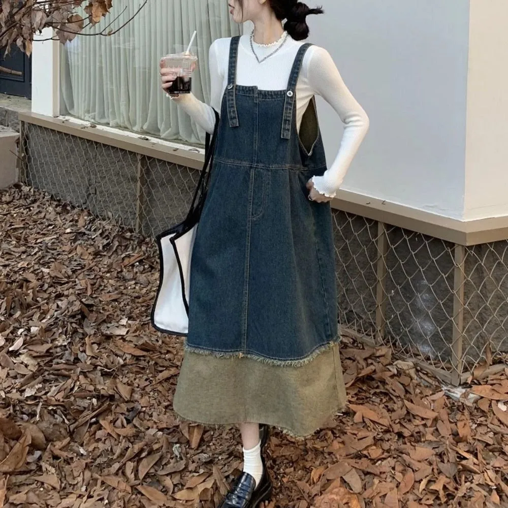 

Simple Patchwork Cowboy Overalls Dress Loose Sleeveless Denim Dress Women Retro Chic High Waist Long Skirt Beach