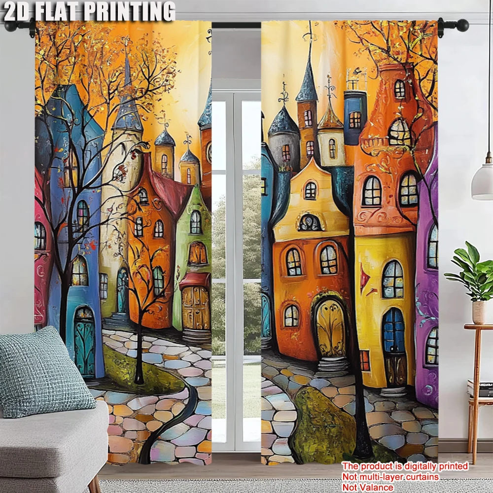 

2pc, Drapes Vintage Abstract City Versatile Durable Polyester,Without Electricity Versatile Applies to Indoor Celebrations,