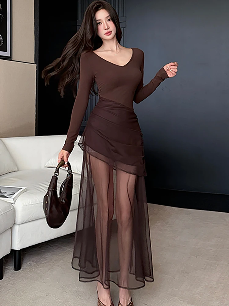 2025 Solid Knitted Patchwork Mesh Sheer Sexy Long Dress Women Elegant Casaul Fake Two Piece Dress Autumn Winter Korean Vestidos