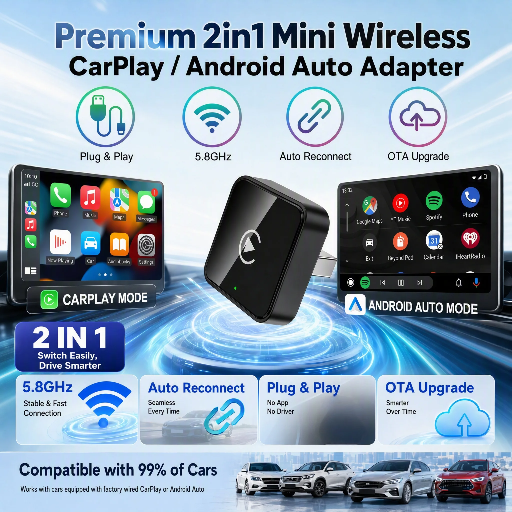 Mini 2 In 1 CarPlay Wireless Adapter, Universal Android Auto Dongle for Car Entertainment System, Portable Lightweight Durable M