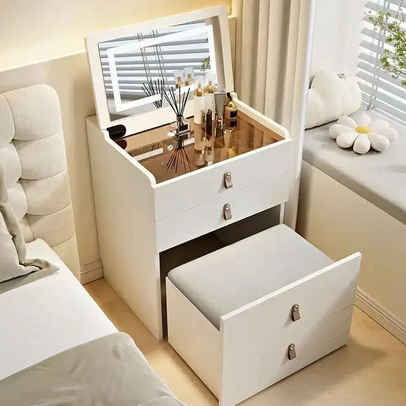 

Vanity Desk Set with Flip-top Mirror and Lights Integrated Makeup Table Large Storage for Small Space Compact Dressing Table