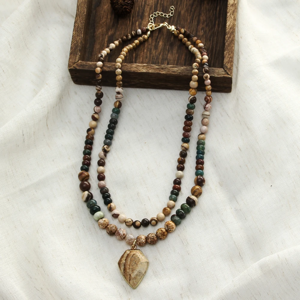 Western Style Bohemian Women Jewelry 2 layer natural stone glass beaded stone charm short neckalce