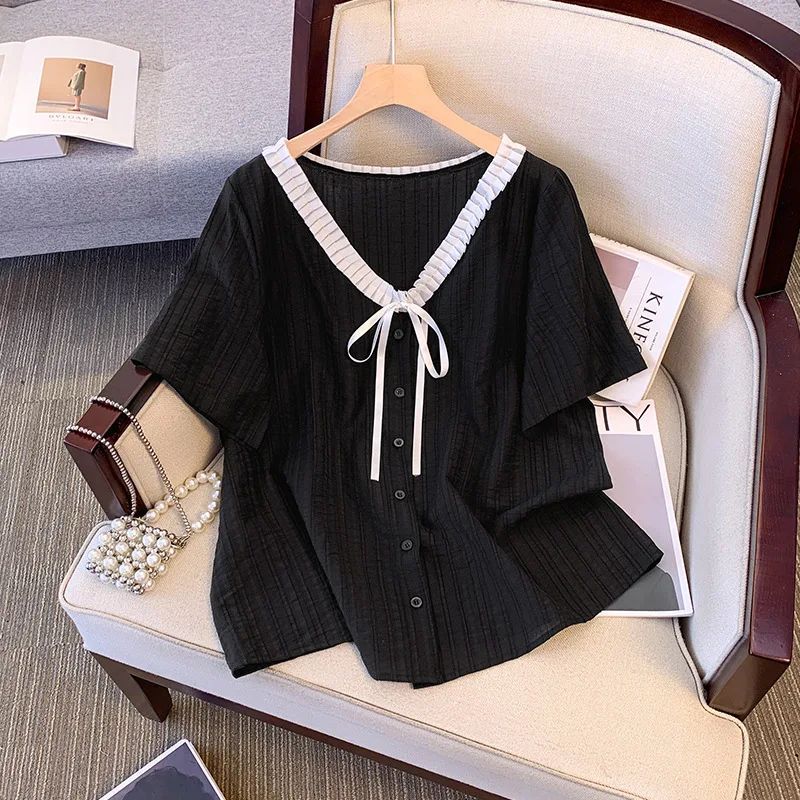 

150Kg Plus Size Women's Bust 153 Summer Loose Lace Sweet Silk Shirt V-Neck Short Sleeved Top Black Big 5XL 6XL 7XL 8XL 9XL