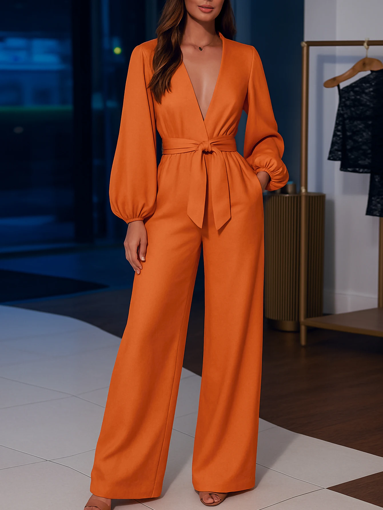 

Женские комбинезоны на шнуровке с пышными рукавами и v-образным вырезом, повседневные прямые брюки полной длины, осенне-зимняя мода, простые