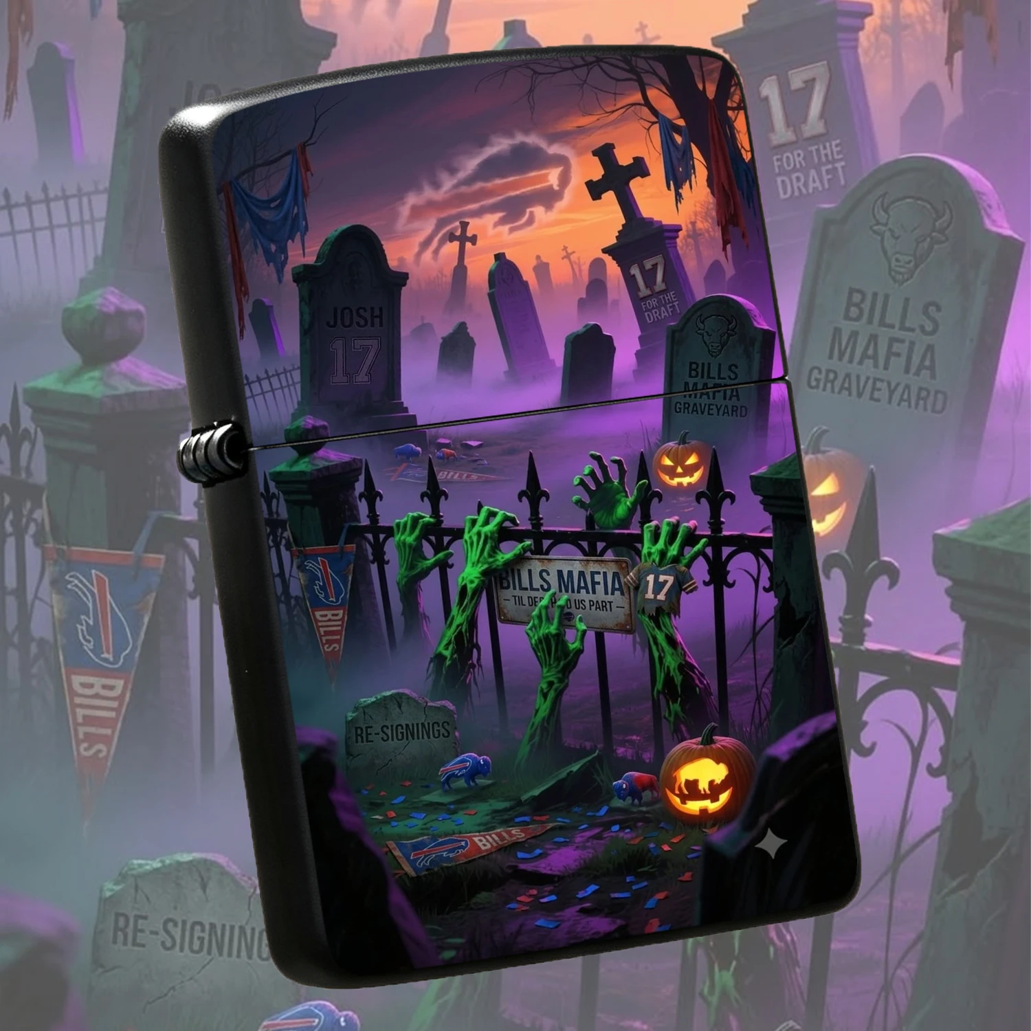 Halloween Bills Mafia Themed Portable Lighter, Spooky Graveyard Art Design, Unique Football Fan Collectible Accessory, Ideal For Halloween Party, Daily Use, Gifting, Themed Events, Versatile Decorative Practical Present For Supporters A Hum