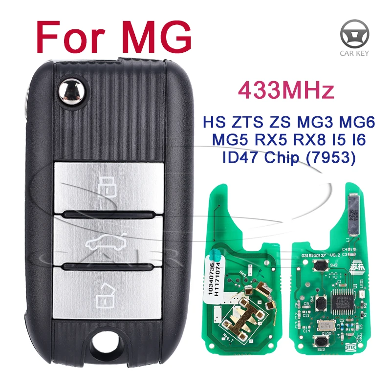 Car Flip Remote Key 433Mhz with ID47 Chip (7953) for MG HS ZTS ZS MG3 MG6 MG5 RX5 RX8 I5 I6 Folding Smart Key Auto Key 3 Buttons