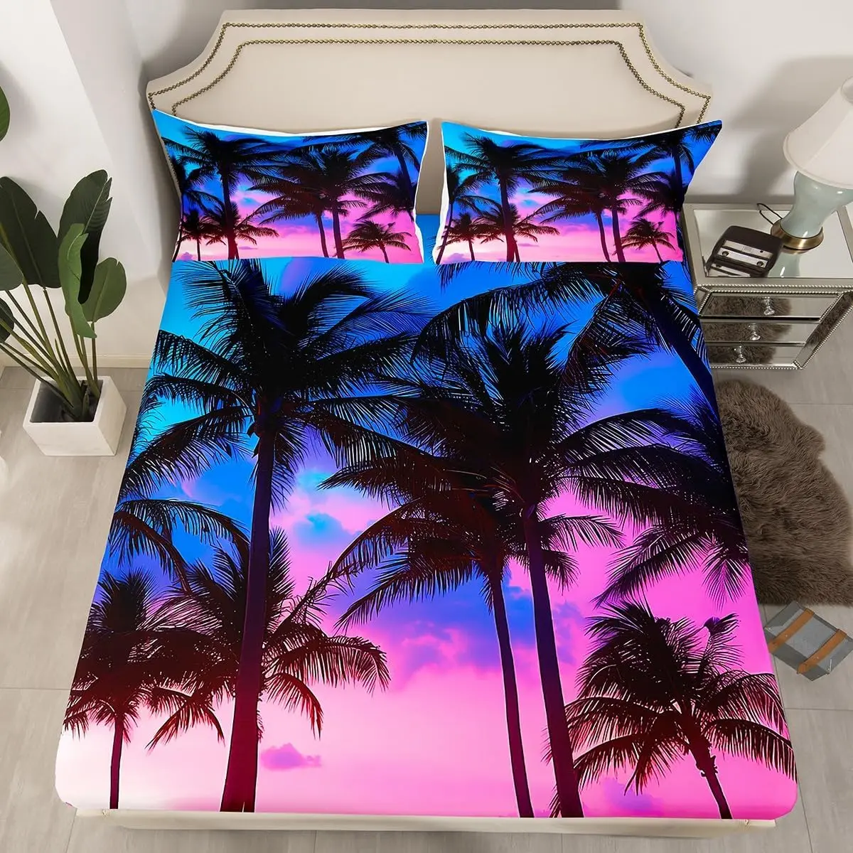 Coconut Tree Fitted Sheet Jungle Tropical Botanical Bed Sheet Set,Sunset Scenery Bed Sheets Romantic Exotic Deep Pocket Sheet