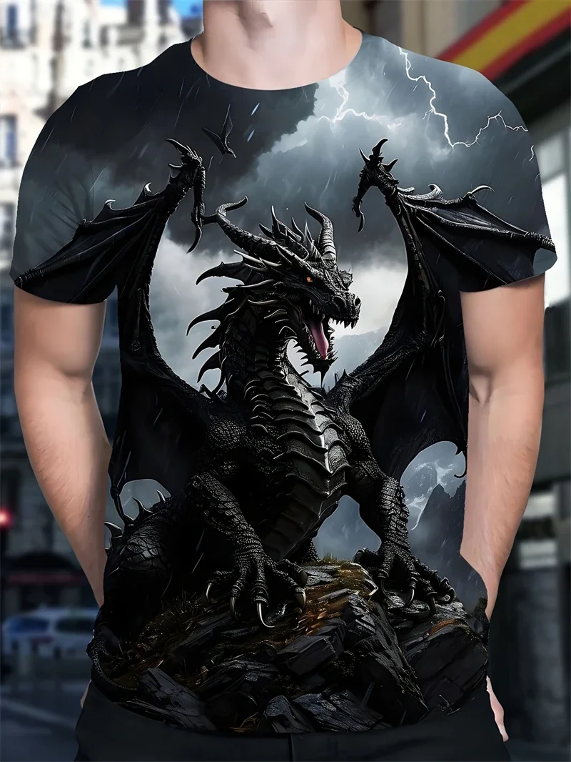 Herren-T-Shirt mit schwarzem Drachen-Blitz-Print, Rundhalsausschnitt, kurze Ärmel, Fantasy-Streetwear, atmungsaktives Sommer-T-Shirt