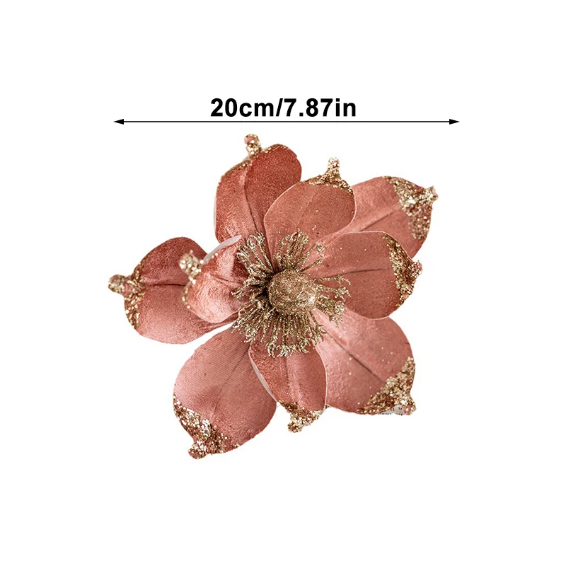 Glitter Artificial Christmas Flowers Simulated Magnolia Sequin Decorative Flower Xmas Tree Hanging Ornaments New Year Home Decor