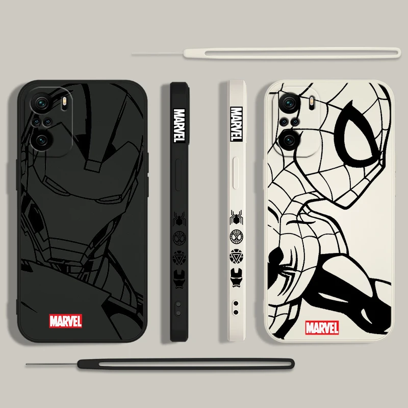 Marvel SpiderMan Iron Man Art For Xiaomi Redmi Note 13 12 12Pro 11 11S 11T 10S 10 Pro Plus 5G Liquid Left Rope Phone Case