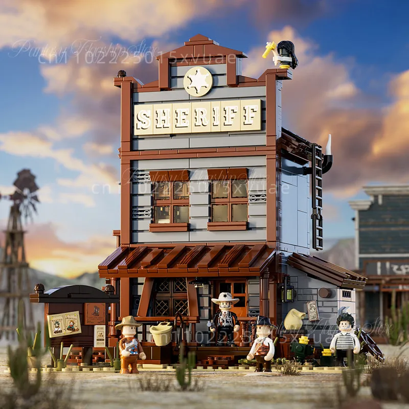 Western Series Building Blocks Sheriff's Office Assembling LED Light Western Street View Model Toys Desktop Decor Holiday Gifts