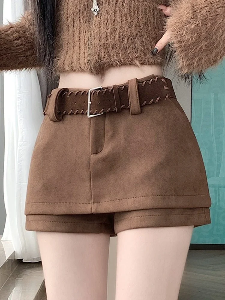 

Caramel Suede Skirt Women's Retro Hot Girl Fake Two-Piece Design Sensation High Waist Anti-Light Skirt Pants Ci Commute