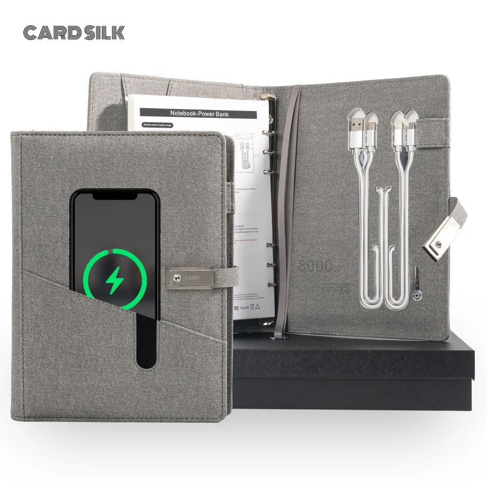

Grey Wireless Charging Notebook with USB Drive, 3-in-1 Cable, Card Slots & Document Pocket, A5 Planner for Business Use