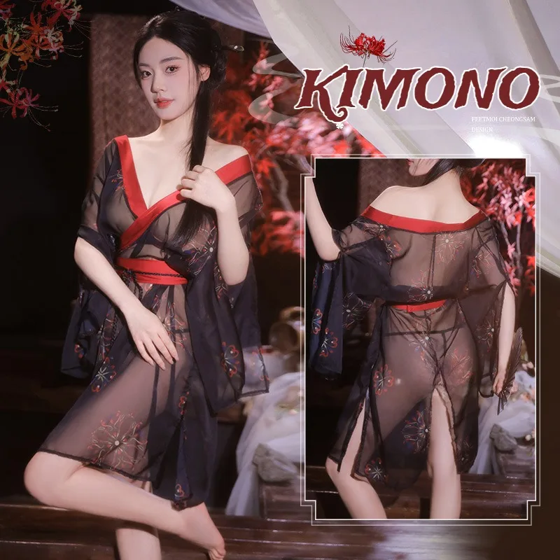 

Japanese Mesh Transparent Kimono Dress Exotic Cosplay Costumes See Through Baby Doll Dress Adult Sex Costume for Role Play