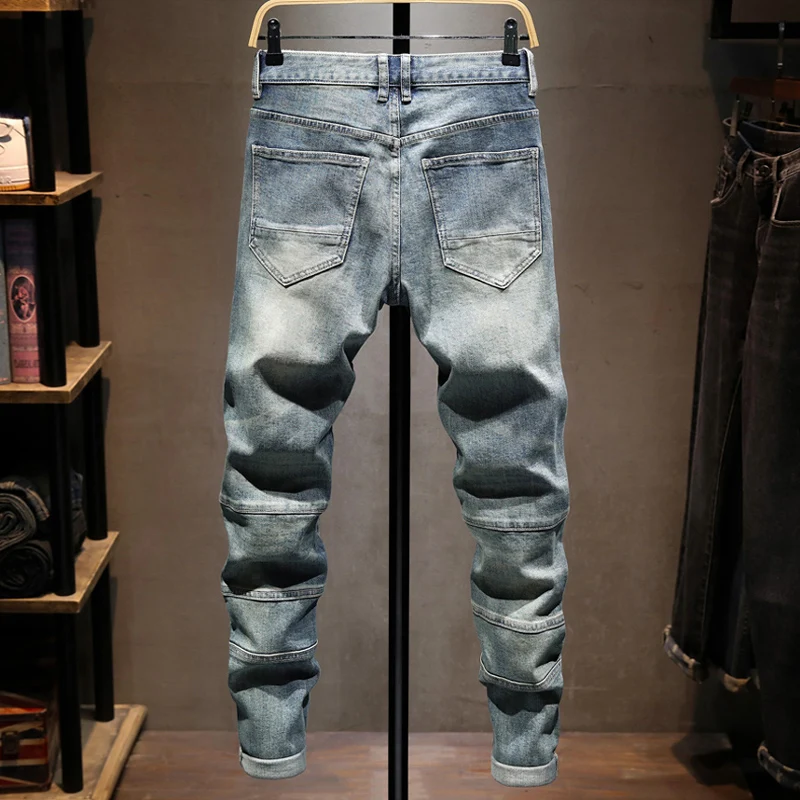 Street Designer Fashion Men Jeans Retro Washed Blue Stretch Slim Fit Spliced Ripped Jeans Men Patched Hip Hop Denim Biker Pants