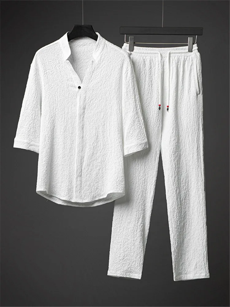

Новый китайский мужской льняной комплект: футболка с коротким рукавом и костюм Ханьфу Тан. Повседневная летняя удобная одежда из хлопка и льна.