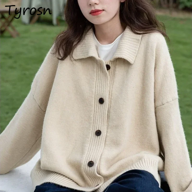 

Women Cardigans Turn-down Collar Solid Tender Students Thicken Knitwear Single Breasted Preppy Style Coats Casual Retro Sweaters