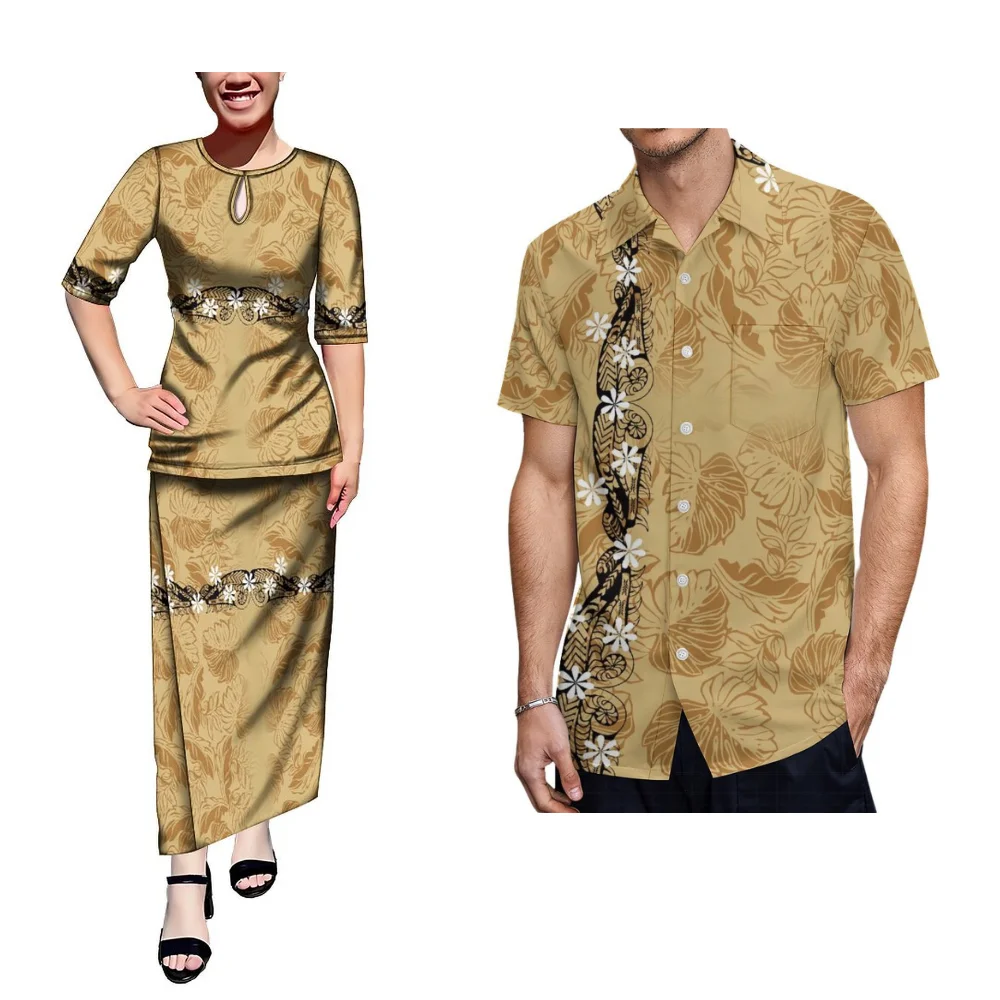 Samoa Tonga Island Style Polynesia With Couple Outfit Temperament Women Dress Two-Piece Set And Men Loose Pocket Shirt