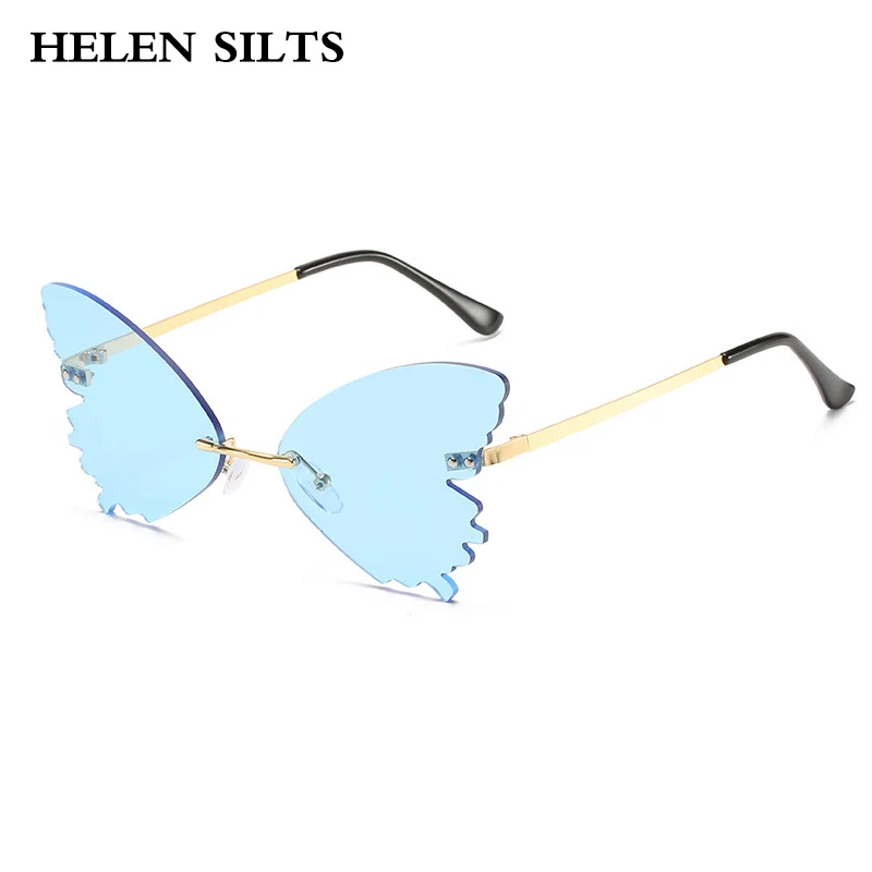 Vintage Fashion Rimless Butterfly Sunglasses UV400 Clear Ocean Lens Sun Shades for Women Men Pink Yellow Eyewear