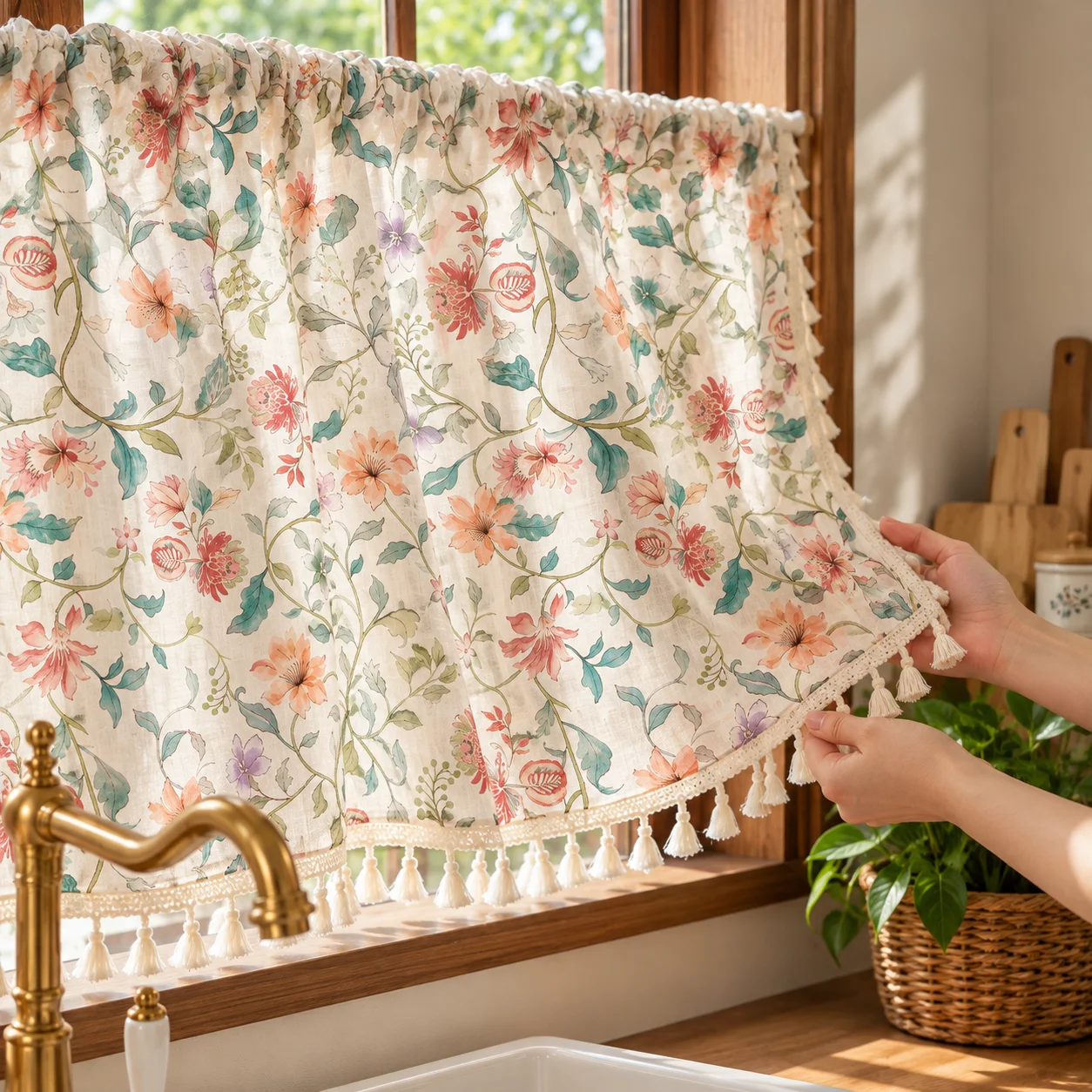 1pc American Country Style Cotton Linen Half Curtain, Semi-Transparent Printed Kitchen Short Curtain, Atmosphere Decorative Curt
