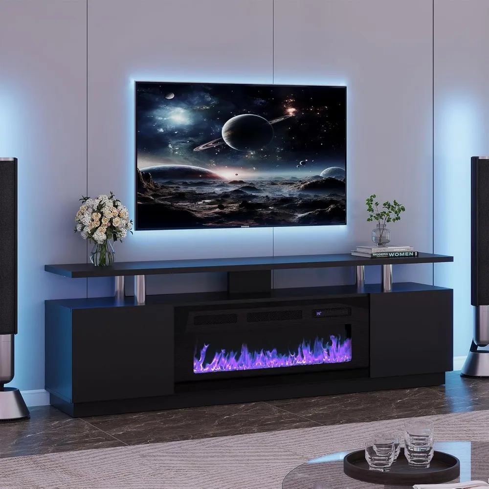 モダンな70インチテレビスタンド、36インチ電気暖炉付き、80インチエンターテイメントセンター、12色の炎、メディアコンソール