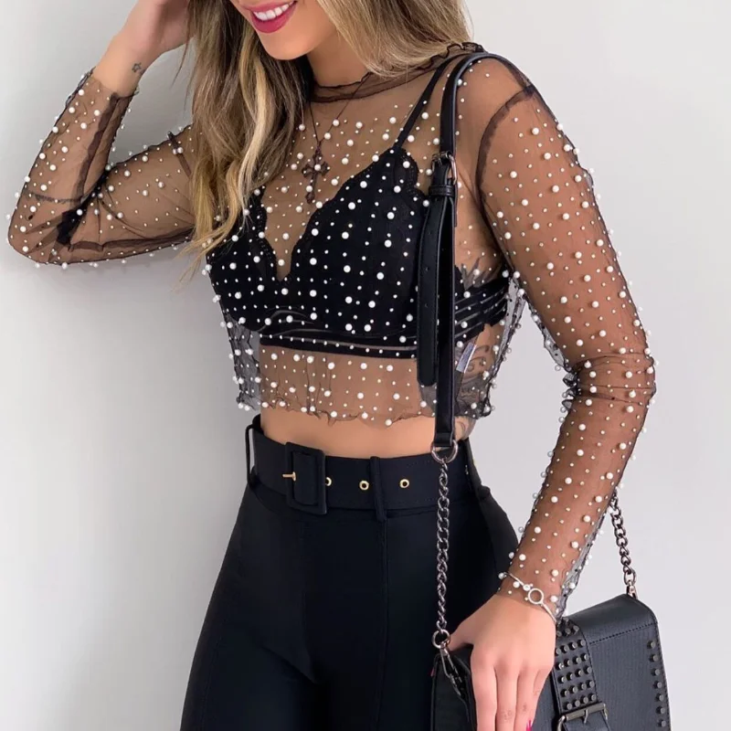 Sexy Perspective Lace Shirt with Bright Diamond Beads on The Inner Side and Mesh Long Sleeve Top on The Outer Side for Women