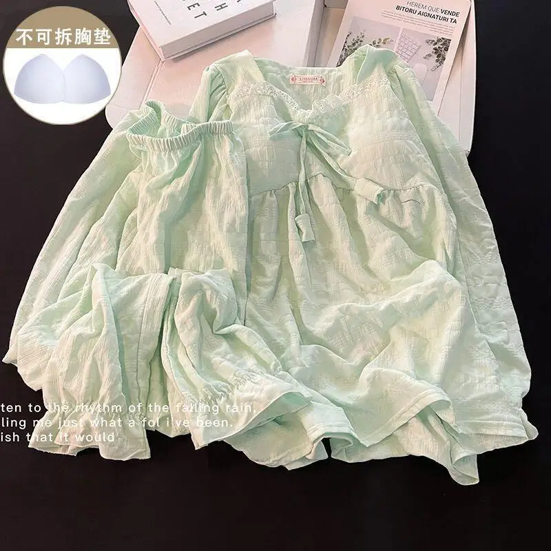 أطقم بيجامات بحافة من الدانتيل للفتيات الصغيرات بأكمام طويلة فضفاضة مع وسادة صدر ملابس كاواي حلوة للترفيه ملابس ربيع الخريف #2