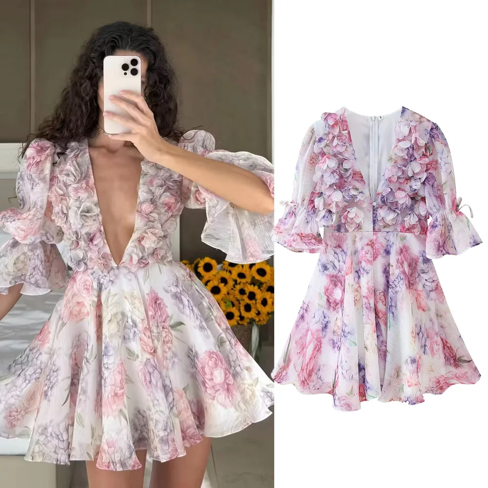 2025 floral impresso verão vestidos femininos manga puff com decote em v em camadas vestidos doce moda 2025 feminino mini vestidos